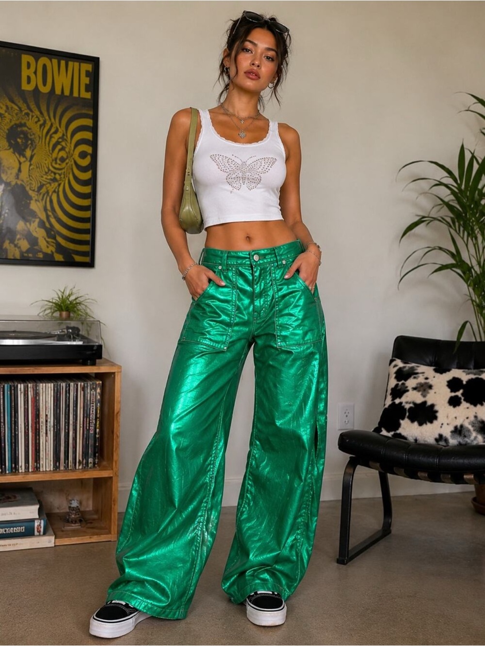 We The Free Wide Leg Green Moxi Barrel Pants Metallic